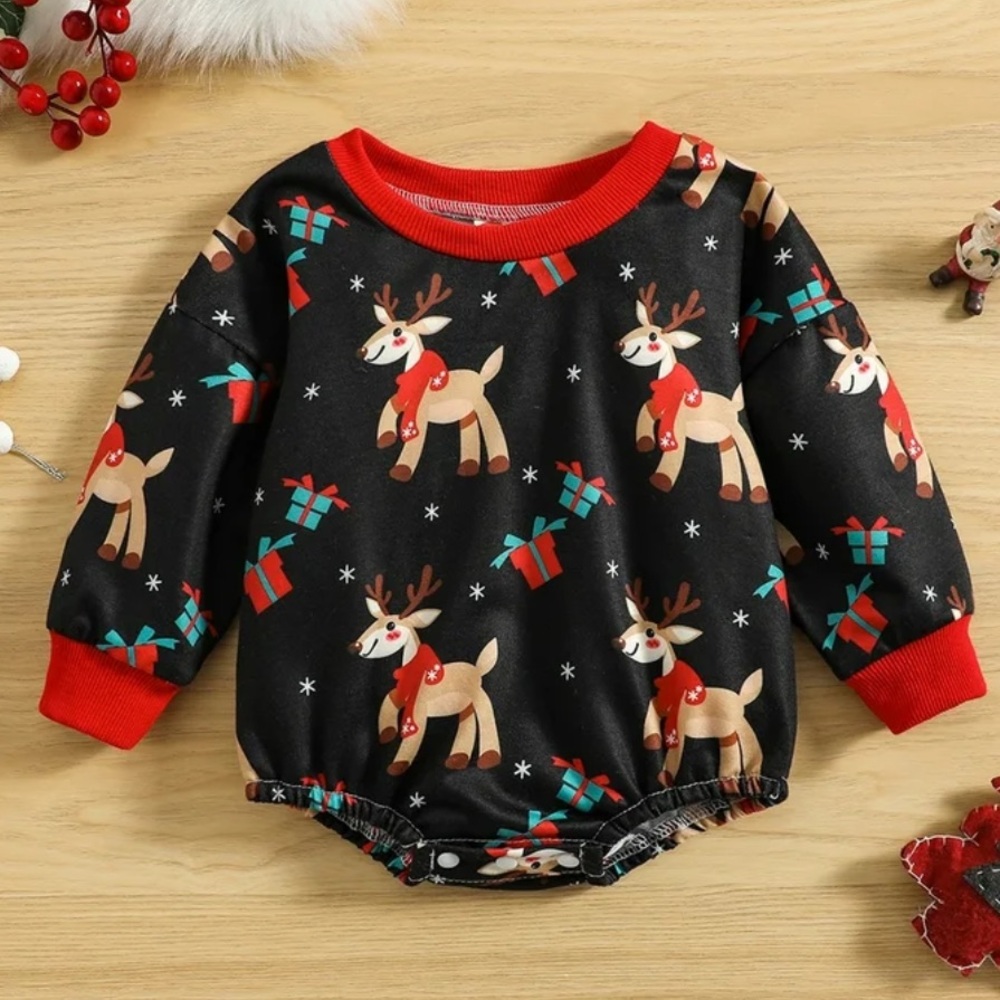Baby Romper Christmas reindeer Long Sleeve Crew Neck  12-18 month (bin U)